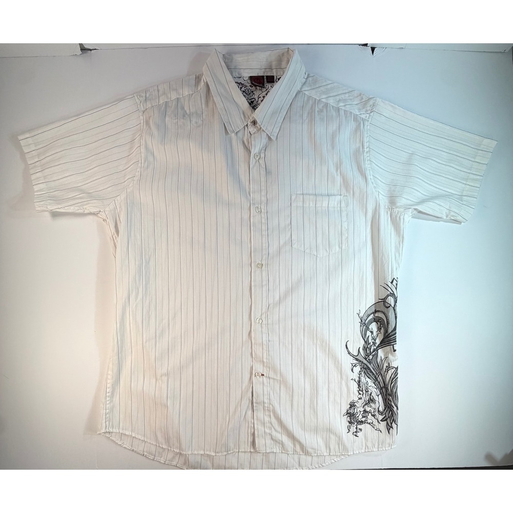 Burnside Mens 2XL White Pinstripe Graphic Short Sleeve Button Down Shirt Y2K